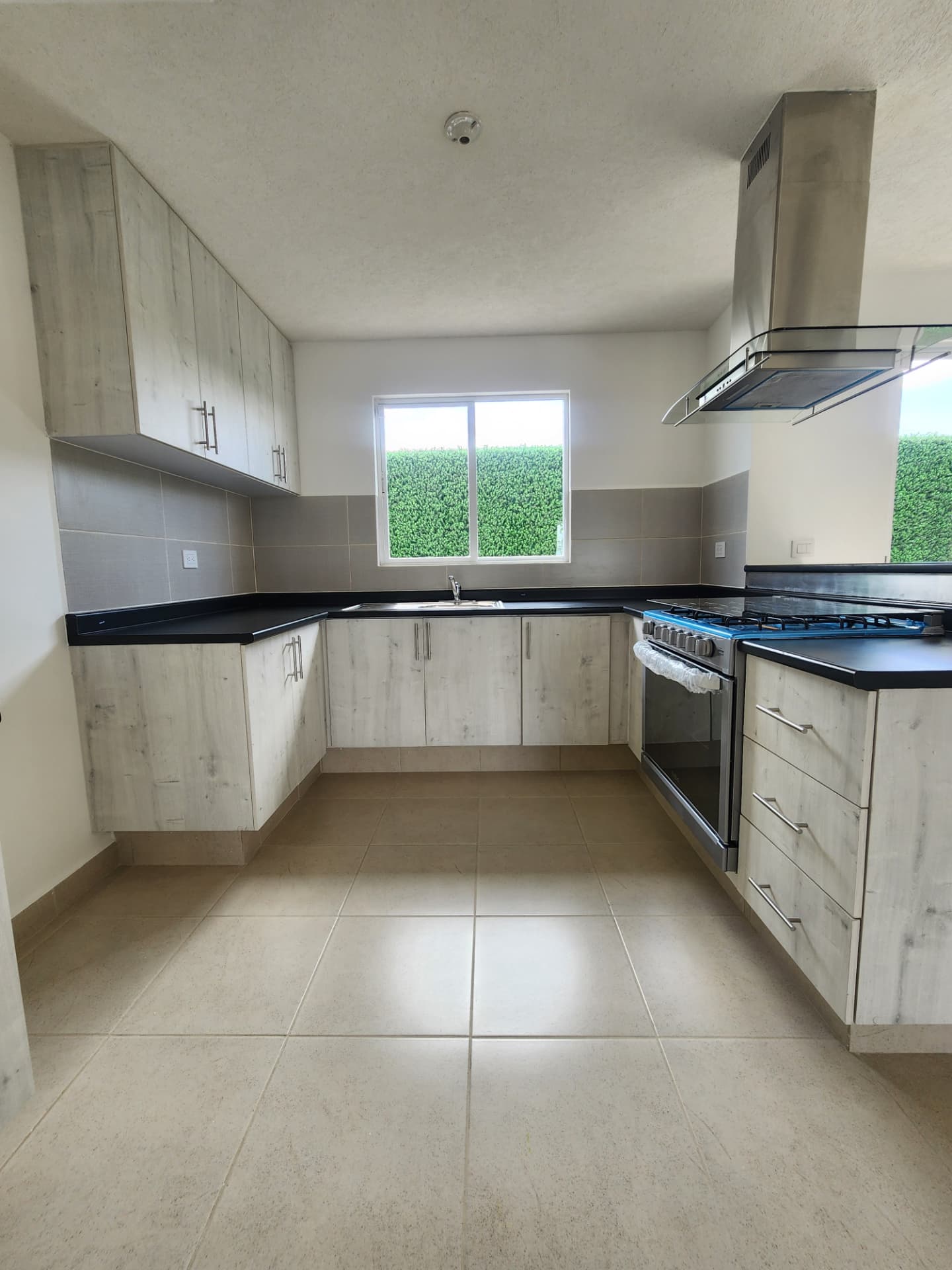 Cocina en U con alacenas, cubierta oscura, parrilla y campana