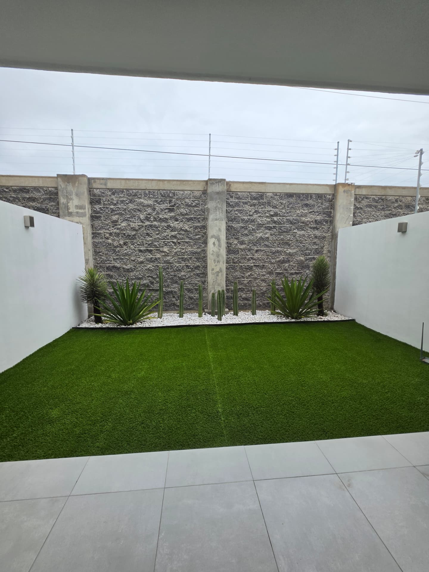 Jardín amplio con pasto y jardinera de cactáceas