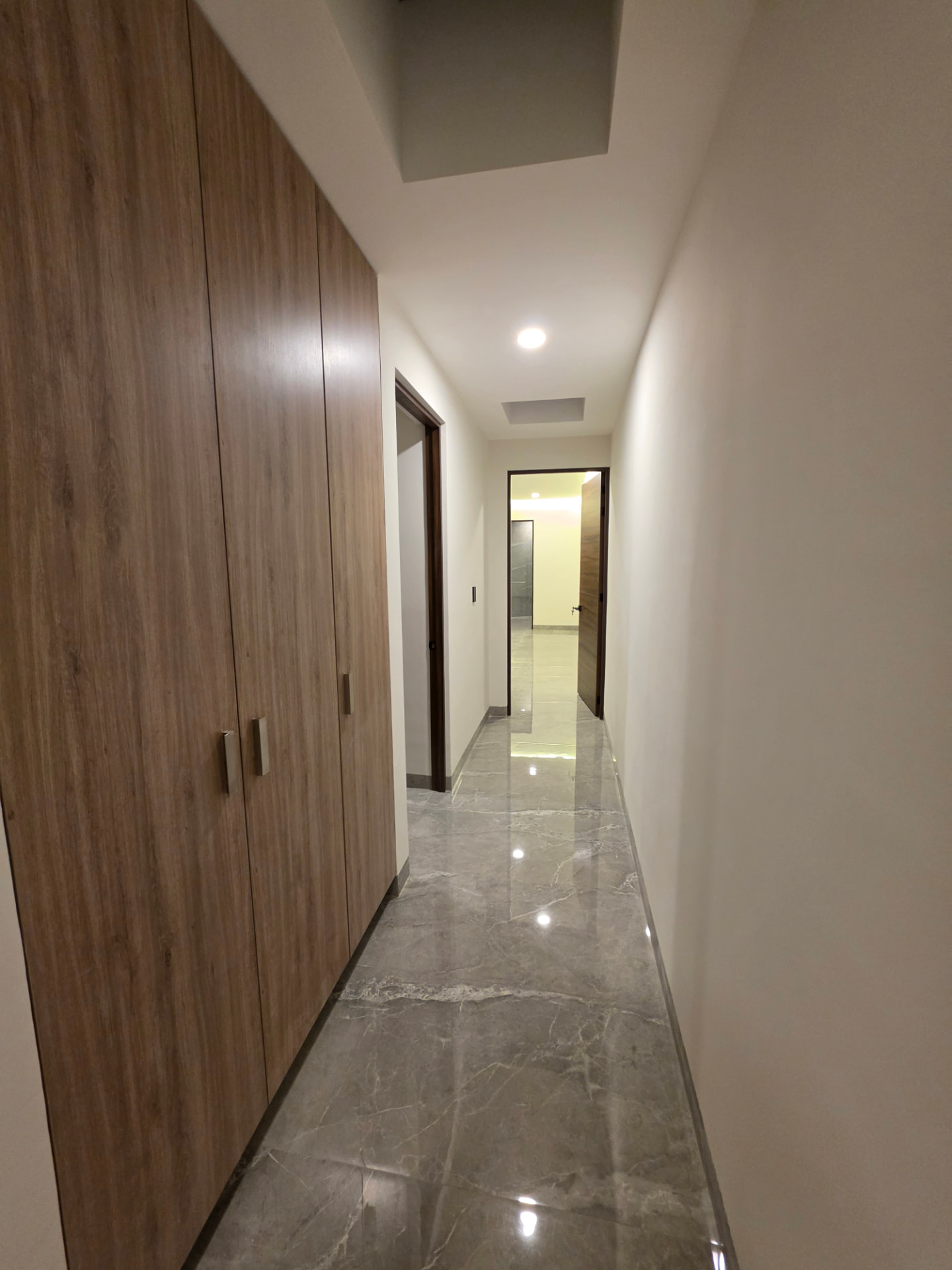 Pasillo con closet de madera integrado y acceso a recámaras
