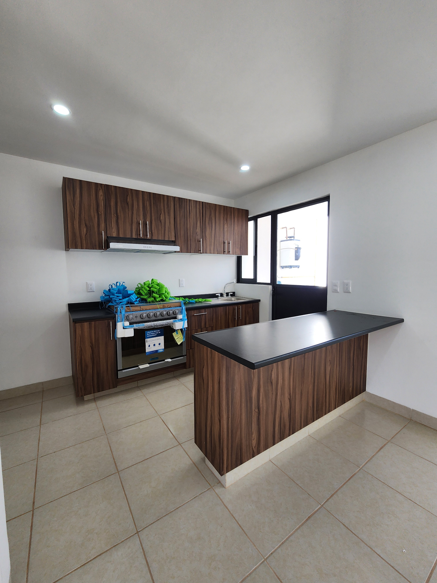 Cocina equipada con estufa y barra