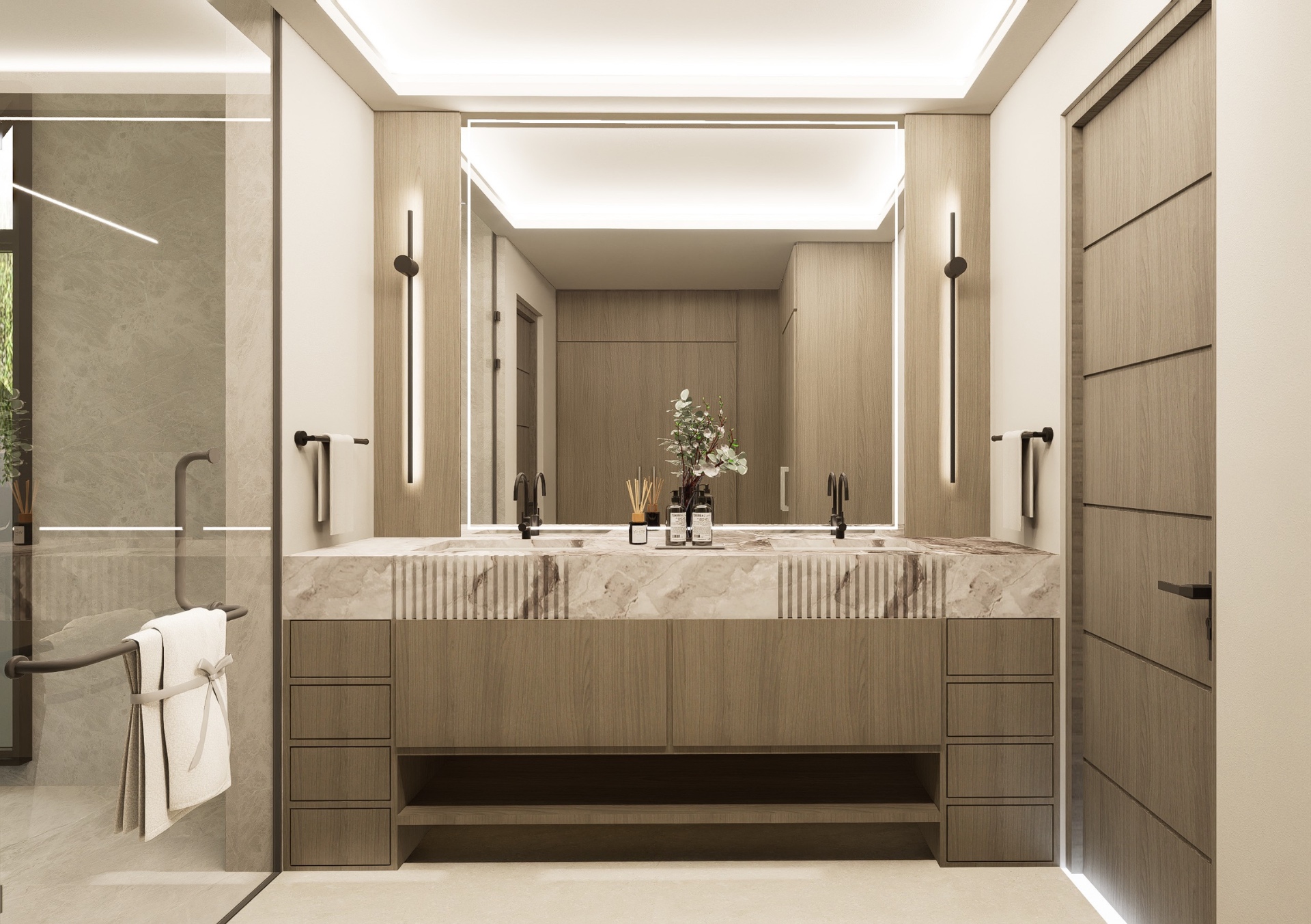 Baño principal con doble lavabo, cubierta de mármol y cancel de cristal templado