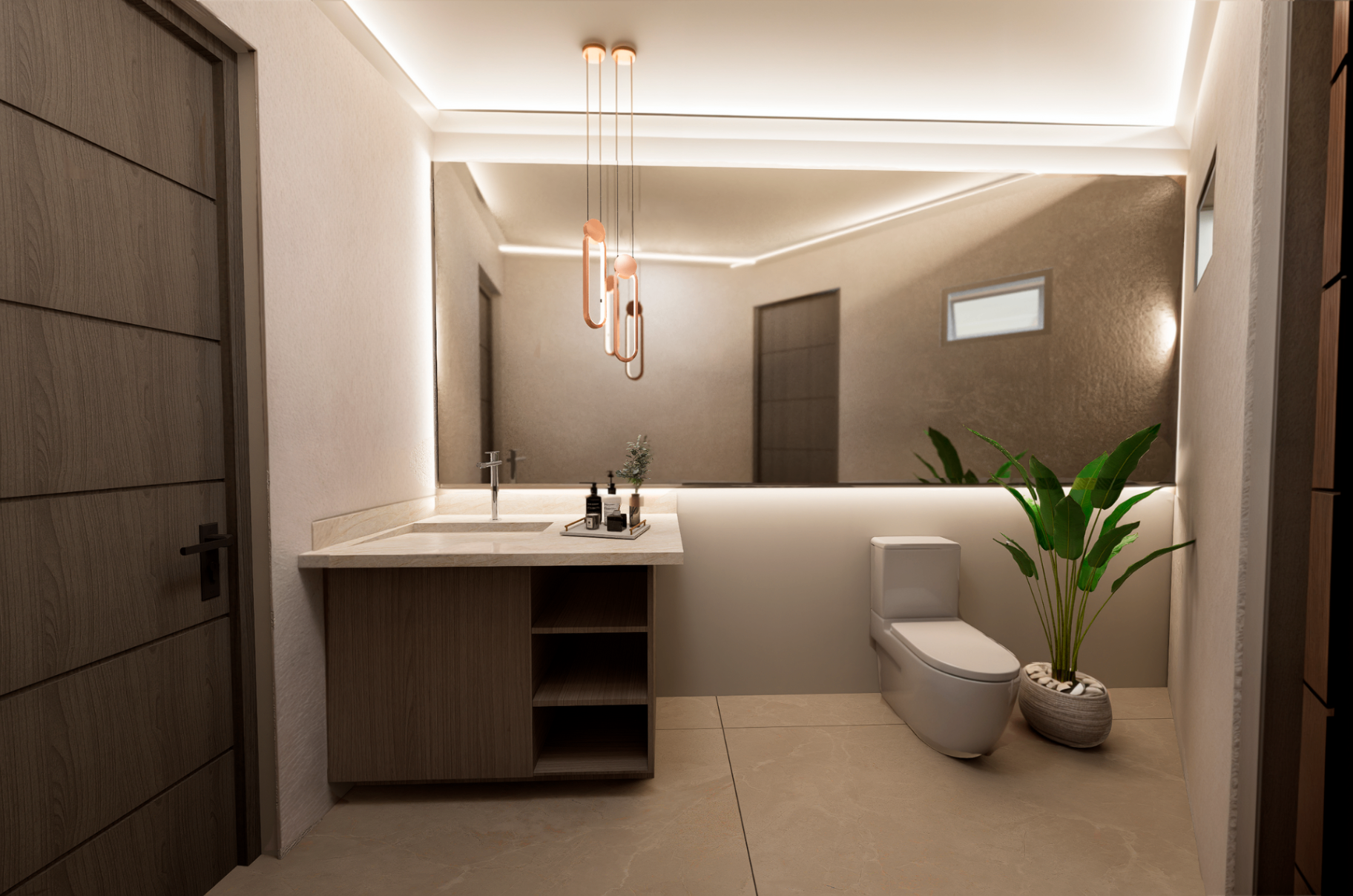 Baño social con espejo de muro completo, mueble de madera y luminarias colgantes
