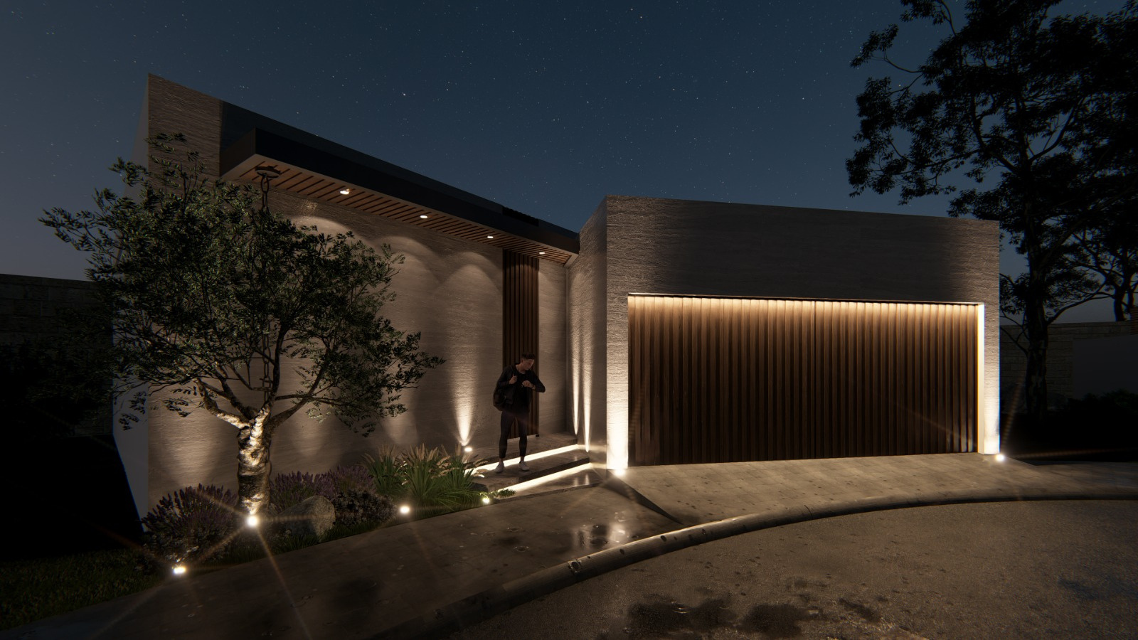 Fachada nocturna con iluminación arquitectónica y portón retroiluminado