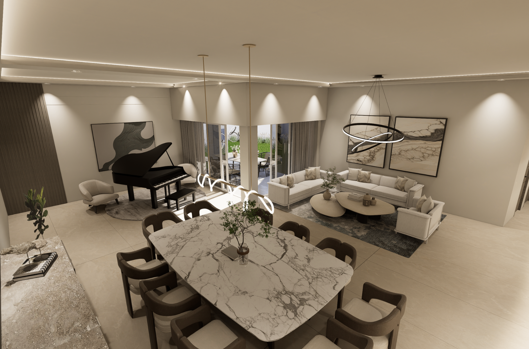Sala con piano de cola, doble altura y acceso a terraza ajardinada