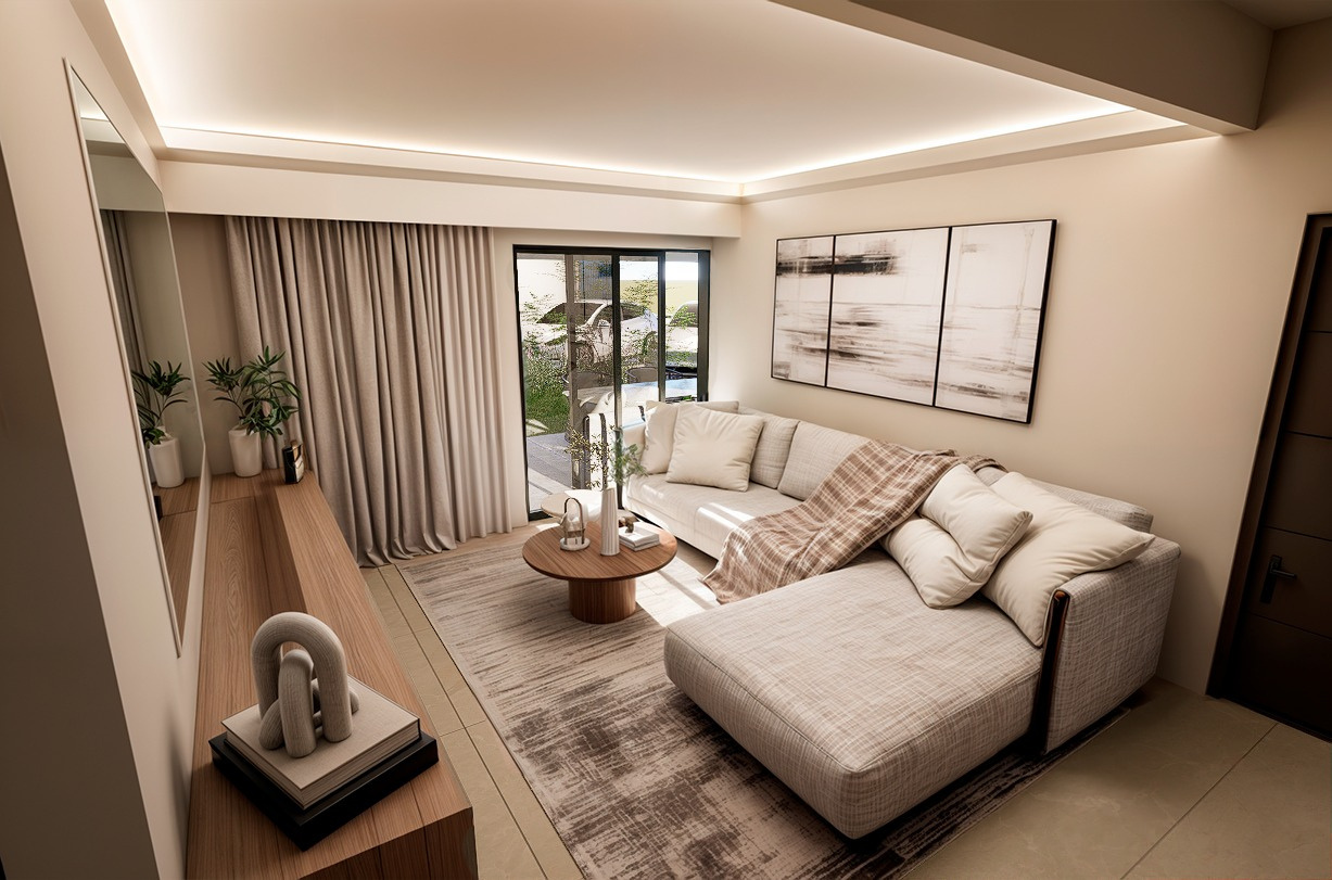 Sala de TV privada con sofá en L, mueble de madera y vista hacia la terraza