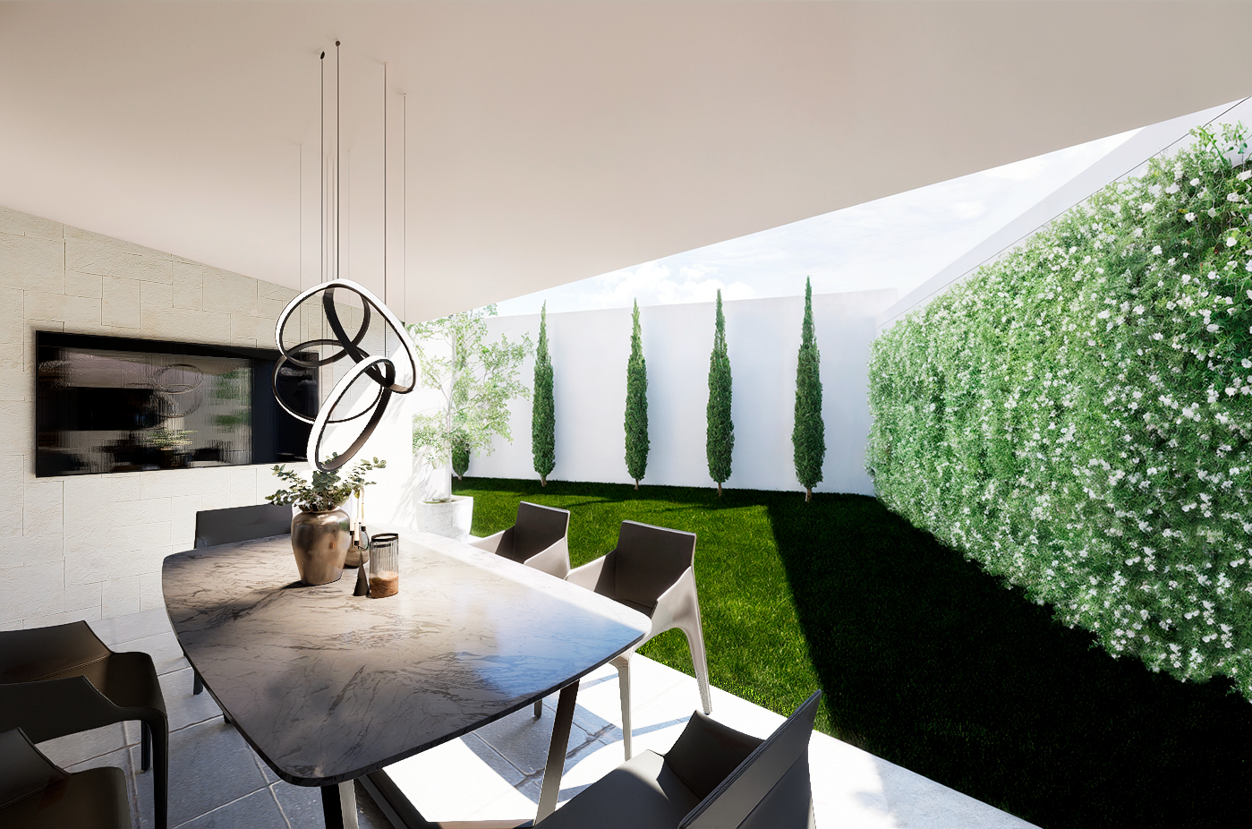 Terraza exterior techada con comedor, jardín amplio y paisajismo lineal