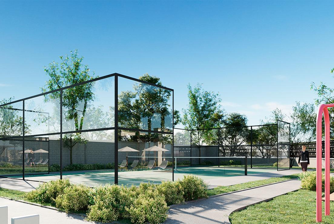 Amenidad: canchas de pádel con cerramiento de cristal templado y áreas ajardinadas