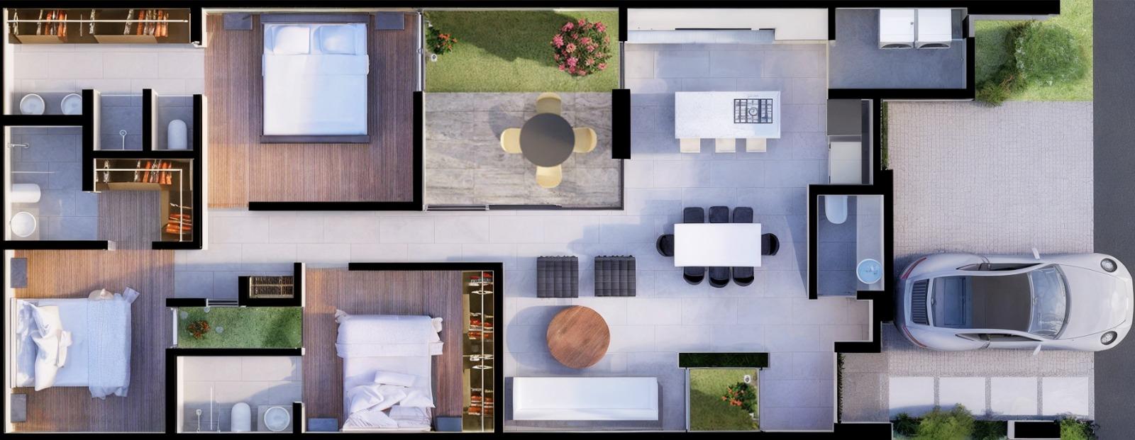 Planta arquitectónica: 3 habitaciones, 3.5 baños, 2 jardines interiores y cochera techada para 2 autos